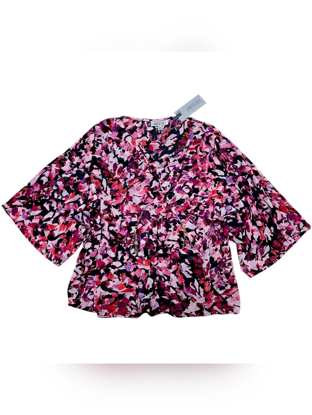 NWT Jennifer Lopez JLO Abstract Floral Sheer Blouse 0X Top Boho Flowy Sleeves - Picture 2 of 8